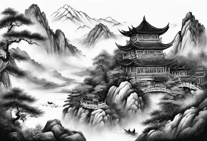 forearm sleeve traditional chinese art painting style autumn mountains mist fog water Chinese temple 2 male monks wearing robes  drinking tea tattoo idea