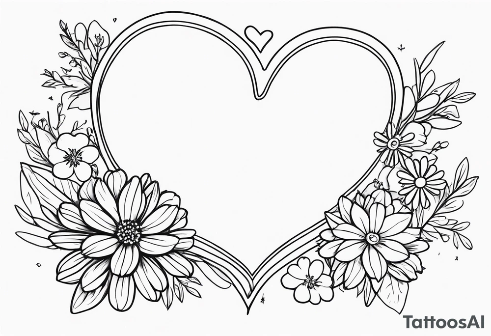 Heart with aster flowers and Cameron as the line to draw the heart and the time 8:34am written with the line tattoo idea
