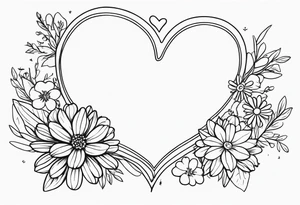 Heart with aster flowers and Cameron as the line to draw the heart and the time 8:34am written with the line tattoo idea