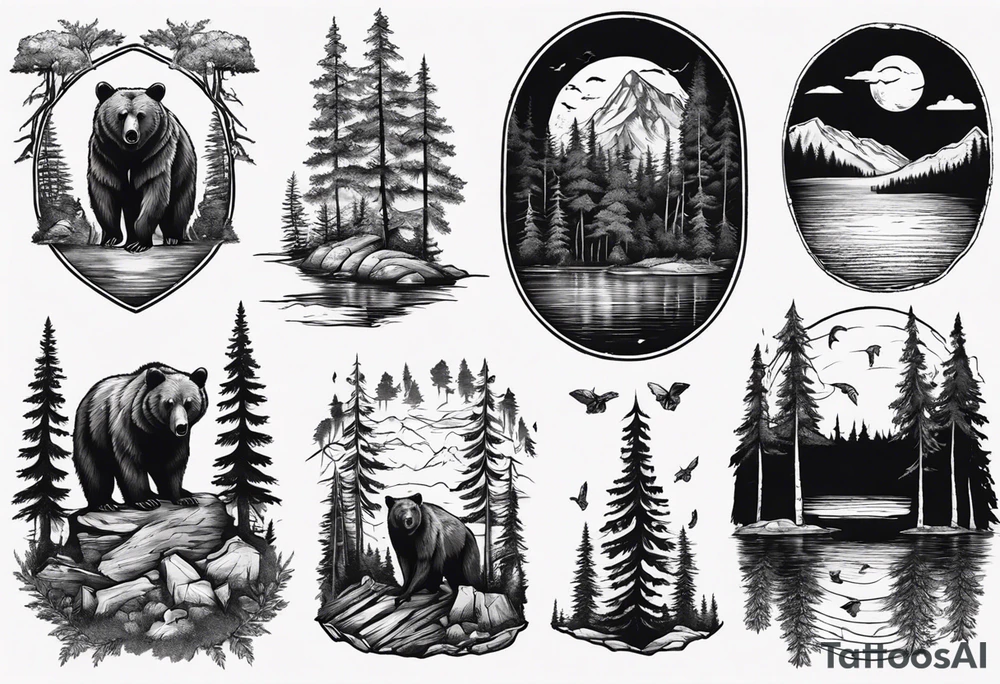bear, forest, lake, appalachia, arm sleeve tattoo tattoo idea
