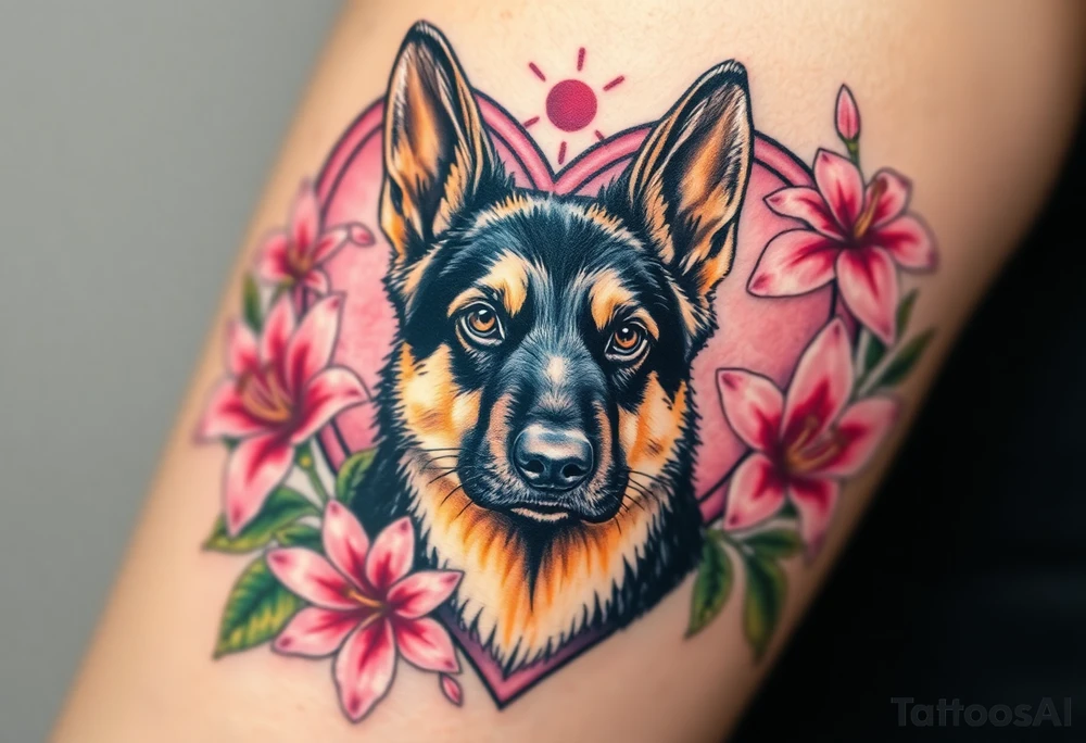 strong looking short haired german shepherd with alert ears surrounded by pink lilies with large leaves in front of a sacred heart tattoo idea