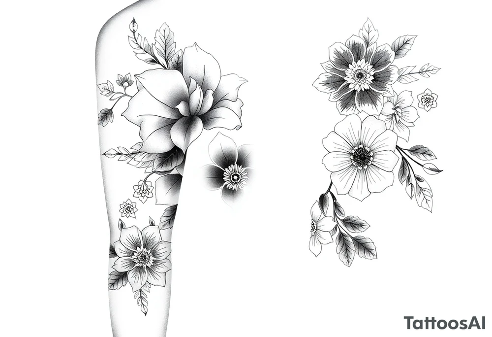 floral composition with japanese vibe, mutiple ornemental patern and leaf, dot geometric ornement, lycoris tattoo idea