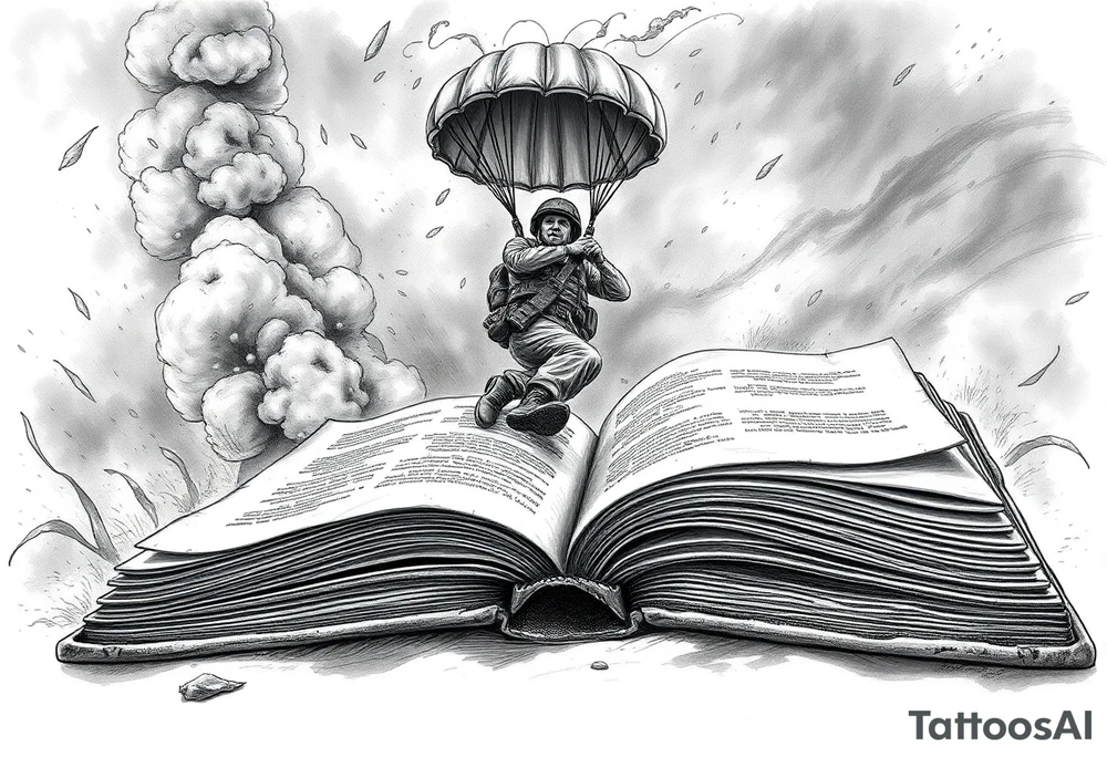 “A parachuting soldier descending from a storm-torn sky, smoke, embers and debris swirling around; the soldier is in mid-air, detailed gear (helmet, boots, rifle slung over shoulder), just about to land into an open, aged book with weathered pages spread wide. The book is large, ancient leather bound, its pages fluttering, cracks or tears on edges. The scene is dramatic, surreal: perspective from low so you see the book in foreground, sky above dark and chaotic, contrast between harsh sky and the calm, almost sacred book. Style: high-contrast black & grey with some muted earth tones and a single vivid accent colour (e.g. red). Fine line work, slightly realistic with stylised surreal elements; shadows deep; textures of leather, cloth, smoke detailed.” tattoo idea