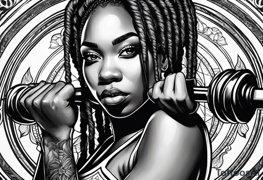 Black woman with locs holding barbell tattoo idea