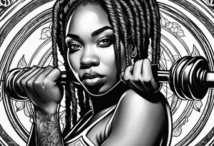 Black woman with locs holding barbell tattoo idea