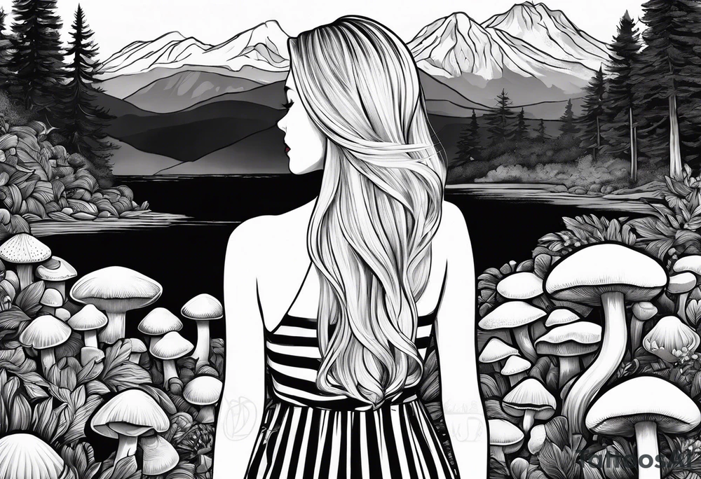 Straight blonde hair girl holding oyster mushrooms in hand facing away toward mountains surrounded by mushrooms black and white striped dress tattoo idea