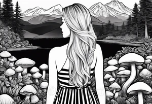 Straight blonde hair girl holding oyster mushrooms in hand facing away toward mountains surrounded by mushrooms black and white striped dress tattoo idea