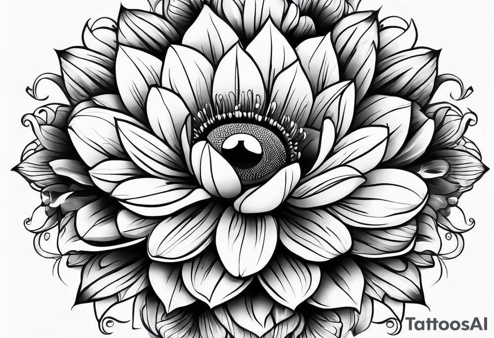 Flower with human eye in the center and petals falling tattoo idea