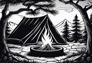 One small tent and small fire pit with smoke pillowing out of it. three large pine trees being the focus in the background. tattoo idea