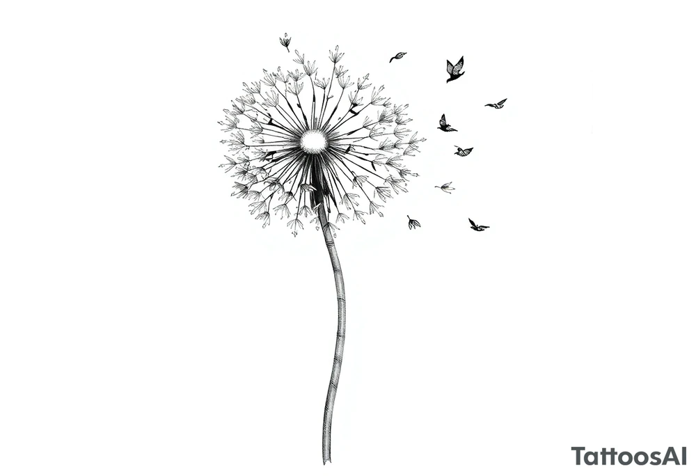 A dandelion with its leaves blowing away and turning into birds that fly up a waterfall tattoo idea