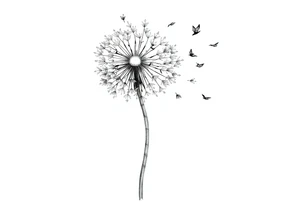 A dandelion with its leaves blowing away and turning into birds that fly up a waterfall tattoo idea