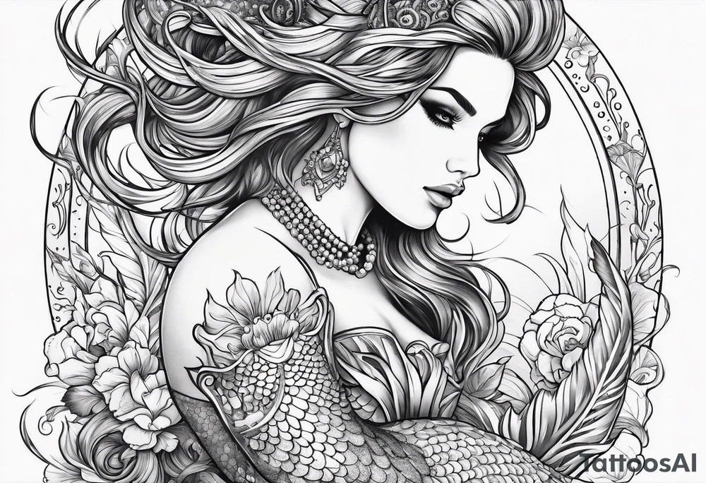 mermaid in line art american tattoo vintage style full body tattoo idea
