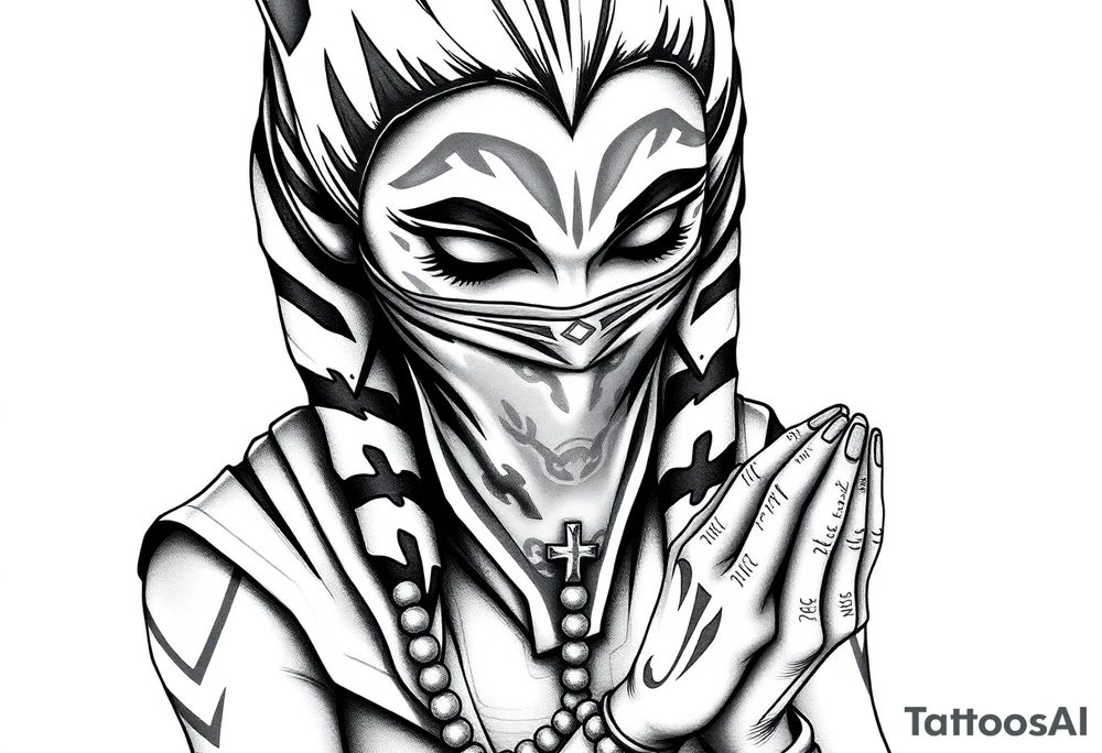 Ahsoka praying with rosary in hands and bandana over mouth tattoo idea