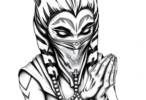 Ahsoka praying with rosary in hands and bandana over mouth tattoo idea