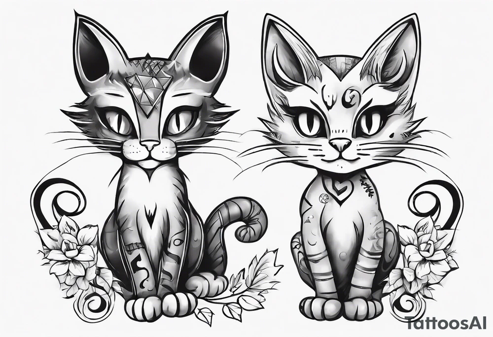 Maine coon cat and a grey cat with extra toes playing together tattoo idea
