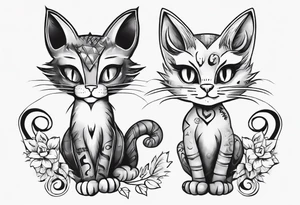 Maine coon cat and a grey cat with extra toes playing together tattoo idea