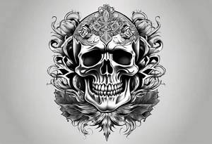 Un crâne assez hardcore avec une iroquoise en coupe de cheveux sur le crâne style punk/métal avec des flammes derrière et avec 2 os qui forment une croix tattoo idea