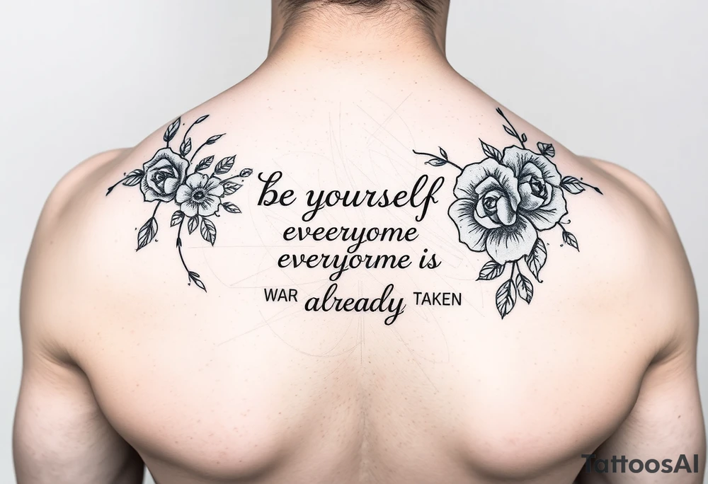 A back forearm that has vines and roses with the saying be yourself everyone else is already taken tattoo idea