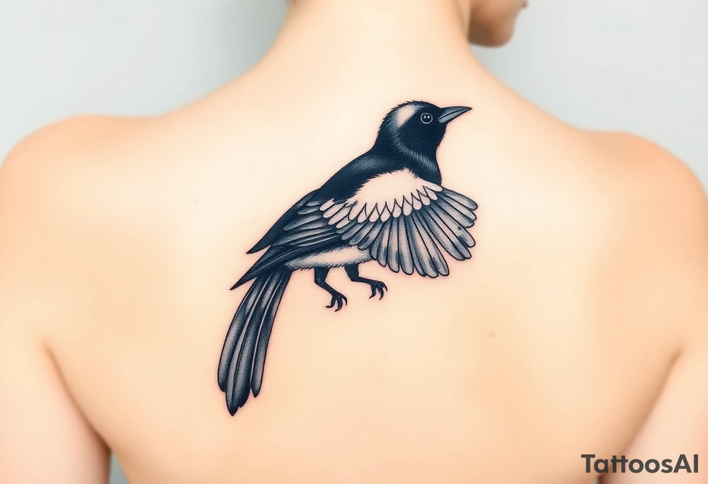 Magpie with one spread wing and one folded wing looking to the side for a woman's shoulder tattoo idea