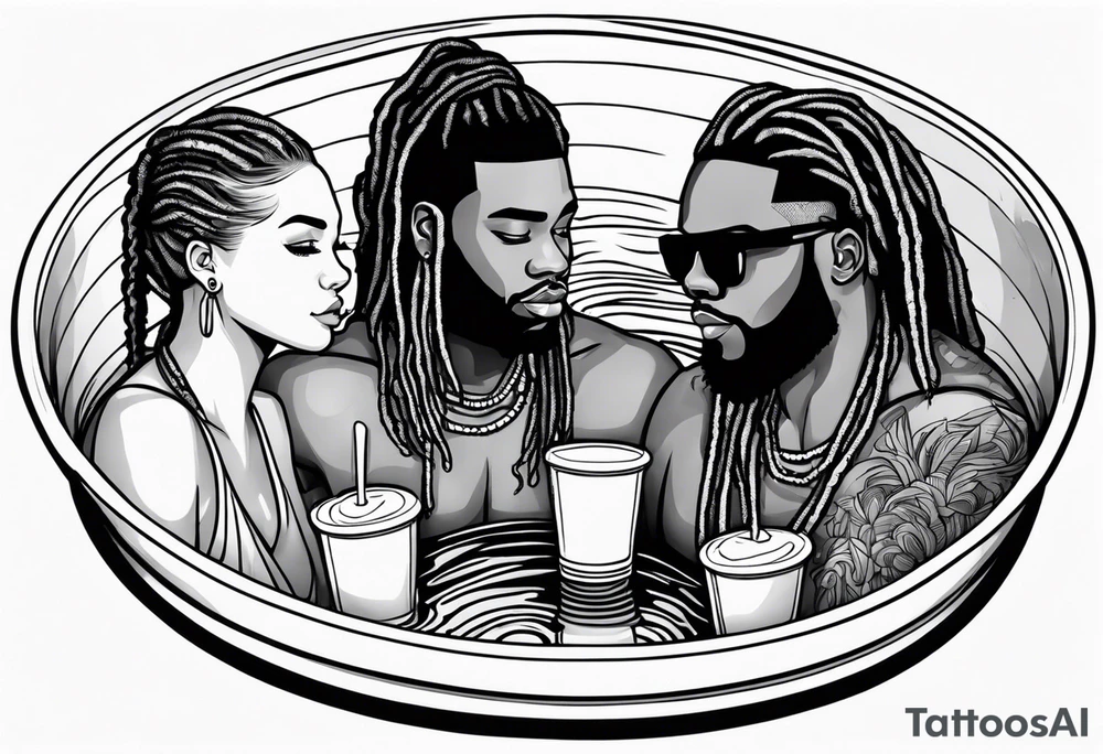 Black guy with dreads inside a foam cup like it’s a jacuzzi with two girls tattoo idea