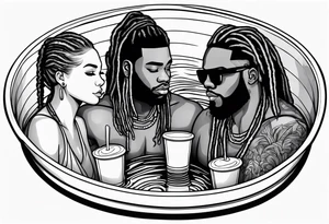 Black guy with dreads inside a foam cup like it’s a jacuzzi with two girls tattoo idea