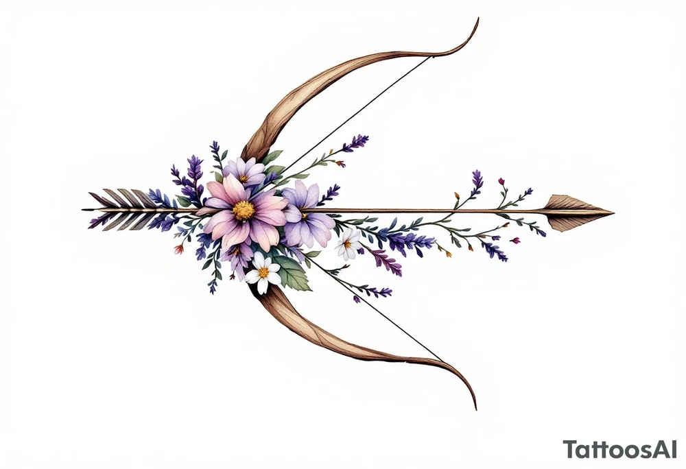 A wooden bow with a delicate set of wildflowers (like lavender and daisies) intertwined in the string. The bow is shaded in earthy browns, and the flowers have soft purple, pink, and white hues, symbolizing Sagittarius’ love for nature and beauty. The arrow has a subtle golden shimmer. tattoo idea