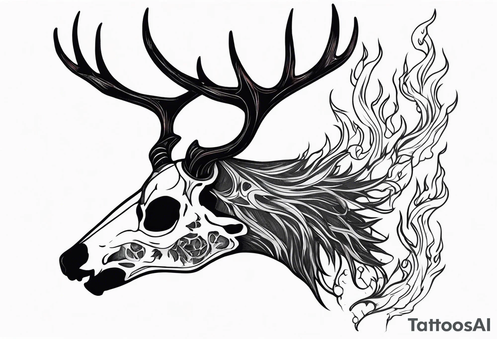 side profile of a DECAYING deer skull JUST BONE lore accurate wendigo surrounded by a flames and trees tattoo idea