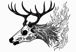 side profile of a DECAYING deer skull JUST BONE lore accurate wendigo surrounded by a flames and trees tattoo idea