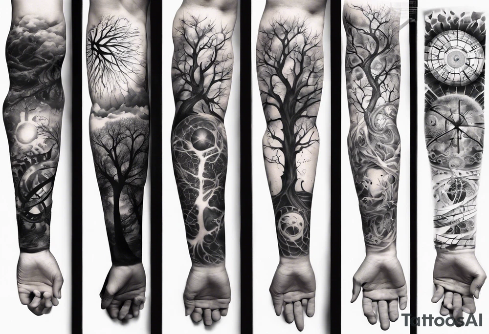 full arm sleeve tattoo... DNA, science, guitar, piano, music. tree of life, focus, masculine tattoo idea