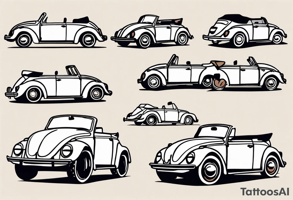 VW beetle convertible, side profile, top-down, modern, linework, minimal, no shadow, no solid shading, brown lines, thin lines tattoo idea