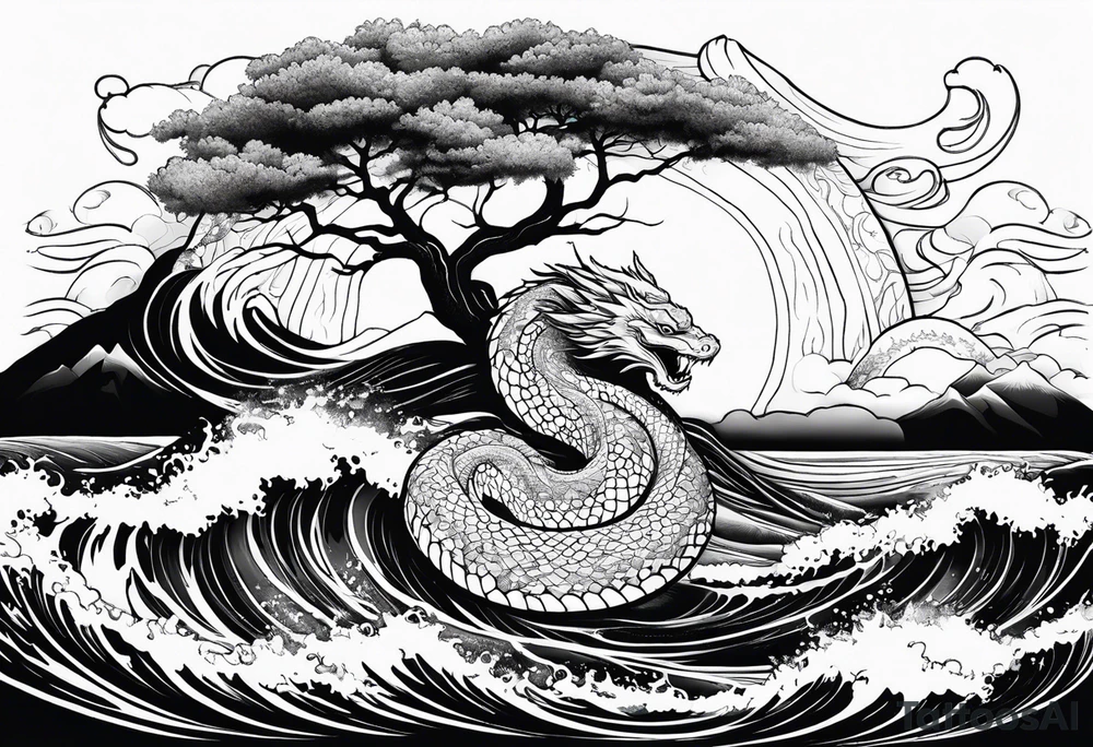 Jormungandr wrapped around world tree with waves crashing around tattoo idea