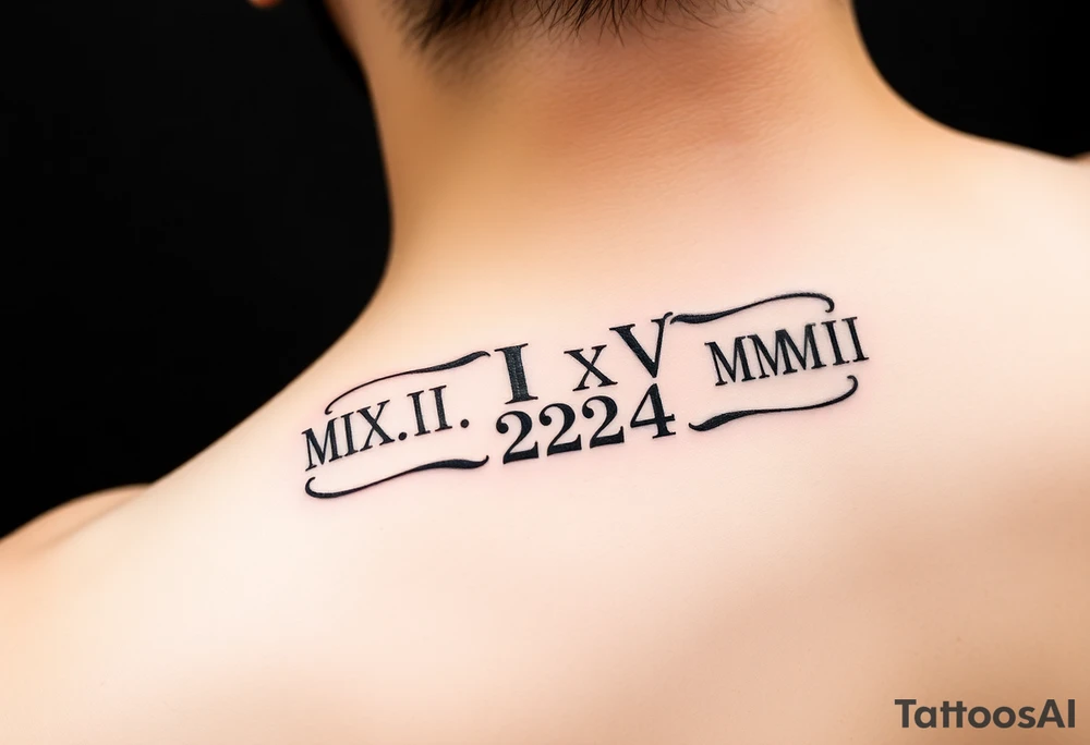 Create tattoo design with equal representation of both Roman numeral dates (IX.IX.MM and II.XXV.MMIII) in a balanced and symmetrical layout, along with the number 224. Let me know if you’d like any modifications! Inside the arm simpler tattoo idea