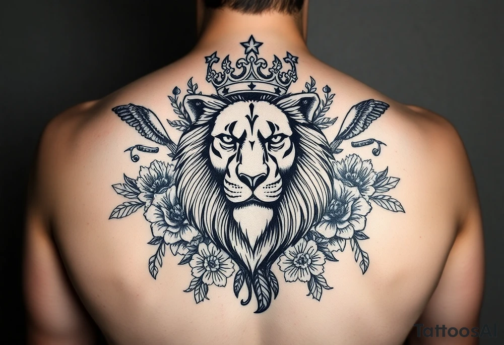 powerful majestic lion with a crown, surrounded by floral ornaments and birds tattoo idea