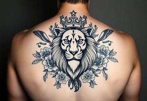 powerful majestic lion with a crown, surrounded by floral ornaments and birds tattoo idea