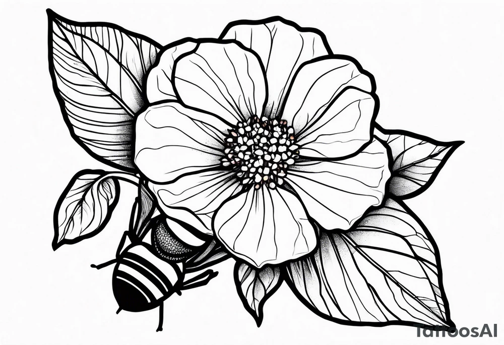 3 in by 2 in minimalist tattoo for forearm of a Hydrangea and bee not touching tattoo idea
