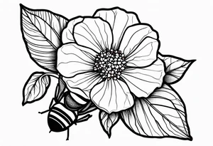 3 in by 2 in minimalist tattoo for forearm of a Hydrangea and bee not touching tattoo idea