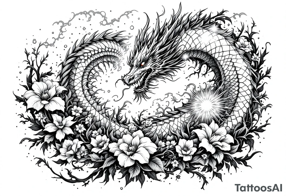 legendary dragon scene with energy aura flowers power effects tattoo idea