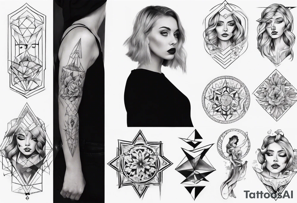 shoulder to elbow tattoo, with beautiful women and geometric tattoo idea