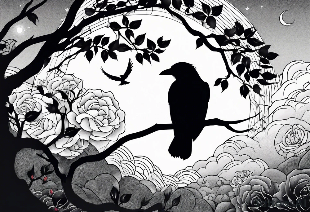 A stormy night with a tree of life, a rose garden, and a raven in the sky tattoo idea