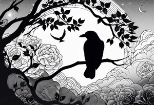 A stormy night with a tree of life, a rose garden, and a raven in the sky tattoo idea