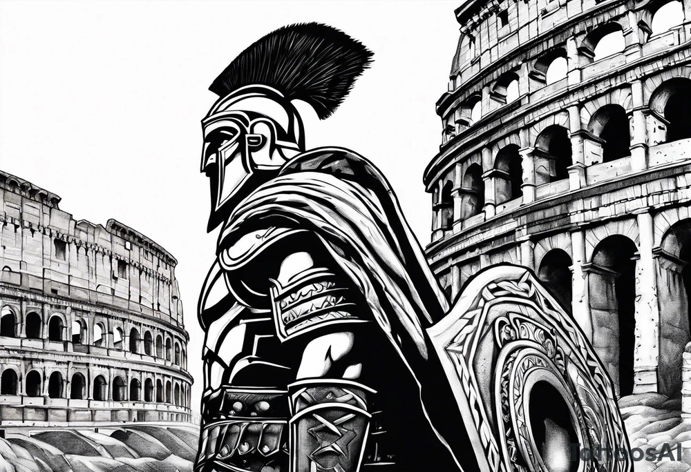 Side profile of spartan soilder looking at distant Roman colosseum tattoo idea