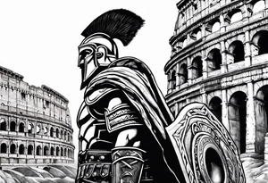 Side profile of spartan soilder looking at distant Roman colosseum tattoo idea