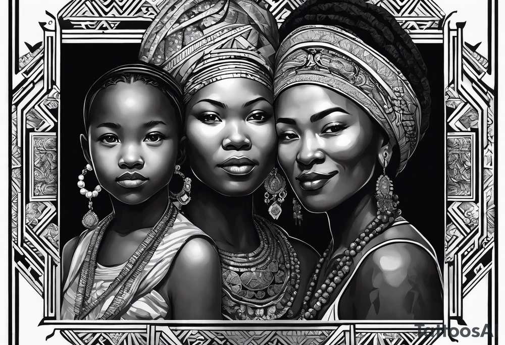 three  people side by side. a really really young african Daughter on the left, a russian mother in the middle, really really old japanes grandmother on the right. greater age difference, in an artfully decorated frame tattoo idea