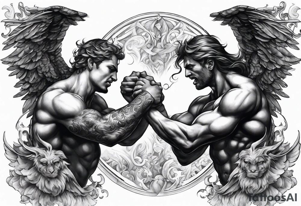 Angels fighting demons over fire with sills in the background tattoo idea