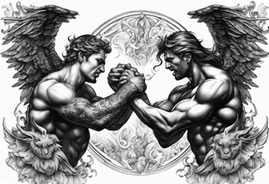 Angels fighting demons over fire with sills in the background tattoo idea