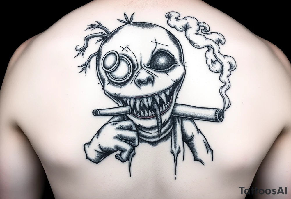 Stitched up rag doll with a button as one eye and some thread as the other. Scary. Warn down. Razor like shark teeth with blood dripping. Holding some money in one hand and a cigar in the other hand. Smoke pouring off the cigar with the cloud of smoke above spelling out the word DOPE tattoo idea