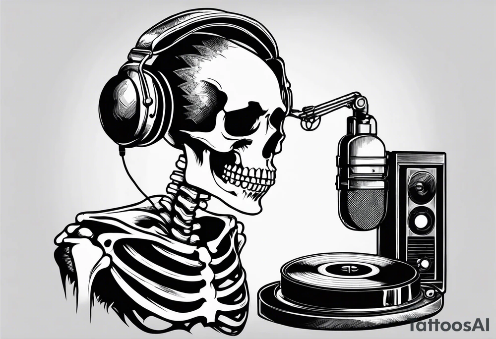 Skeleton listening to record player tattoo idea