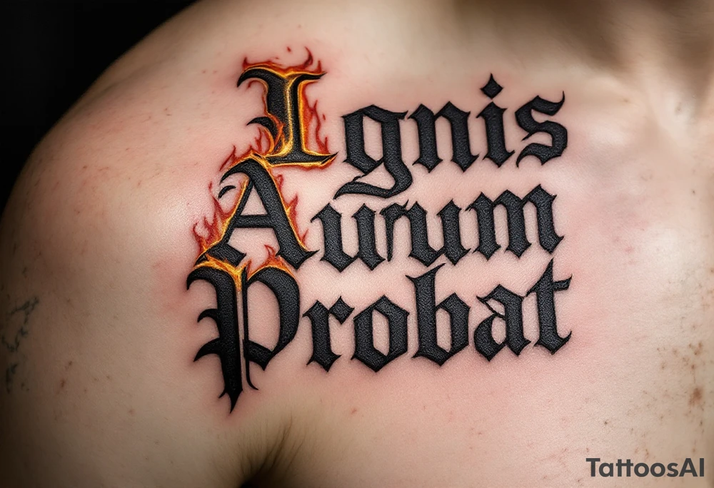 "Ignis Aurum Probat" (Fire tests gold), in etched medieval-style font, rising from flames curling around a golden ingot, done in charcoal black, dark red, and muted gold ink for a powerful, alchemical look. tattoo idea