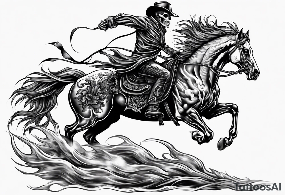 Skeleton riding flaming horse tattoo idea
