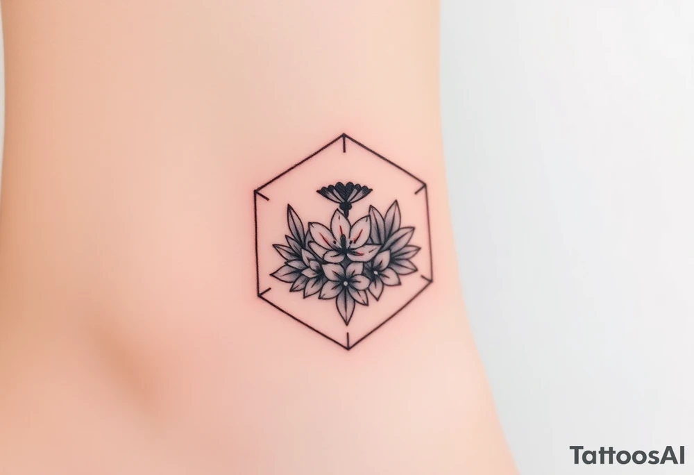 Faint Hexagon with Leo, larkspur and water lilies in the center tattoo idea